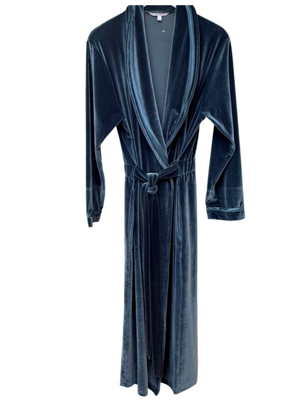 CUDDLEDOWN Womens Robe Size Large Teal Blue Stretch Velvet Long Lounge Bathrobe